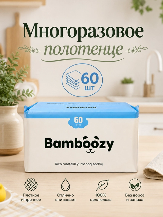 Многоразовое бамбуковое полотенце Bambóozy, 60 листов, супер впитывающее для кухни - 