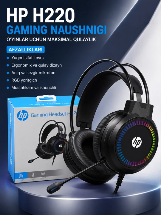 Hp h220 rgb gaming headset mikrofonli simli quloqchin, kompyuter va noutbuk uchun - 