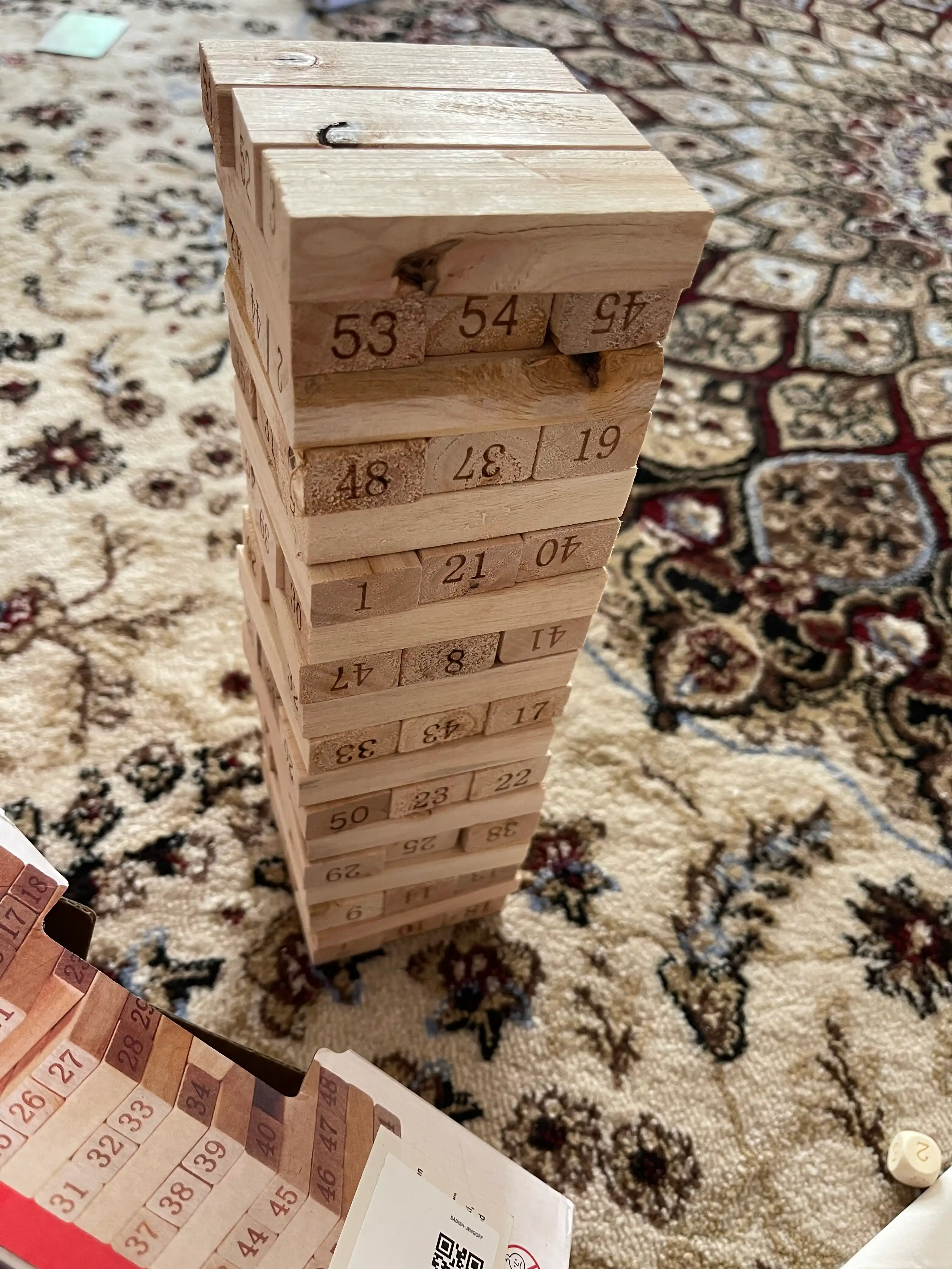 Stol o'yini Jenga, qulayotgan minora, do'stlar va oila uchun, sargish, 54 yog'och bloklari