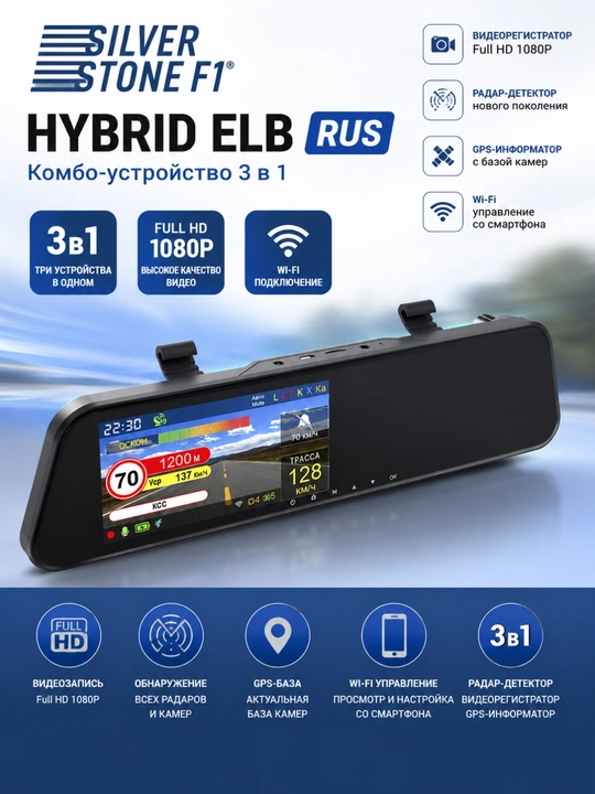 Комбо-устройство SilverStone F1 Hybrid ELB RUS видеорегистратор 3 в 1, Full HD, Wi-Fi, GPS - 