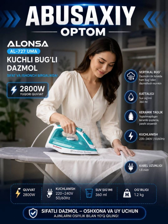 Мощный паровой утюг-отпариватель ALONSA AL-727 UMA, Abusaxiy - 