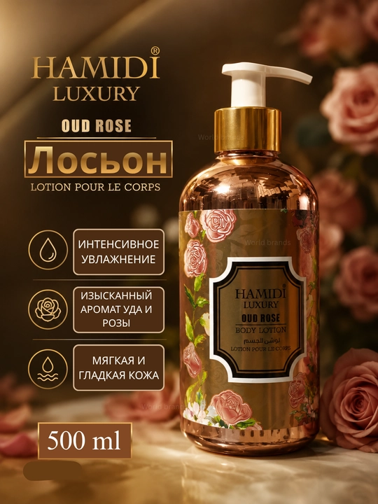 Hamidi Luxury Oud Rose tana uchun namlantiruvchi losyon, atirgul va ud ifori, 500 ml - 