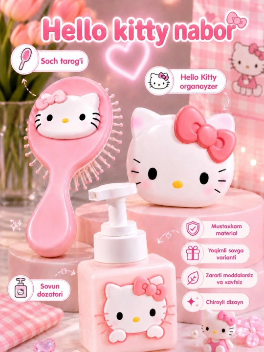 Qizlar uchun Hello Kitty soch tarog'i, sovun dozatori va organayzer, aksessuar - 