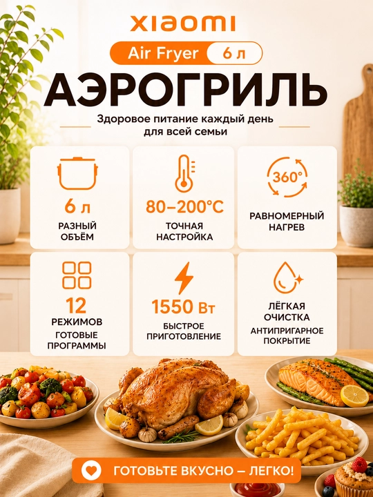 Аэрогриль Xiaomi Air Fryer 4.5-6.5L, фритюрница с готовыми рецептами, Global