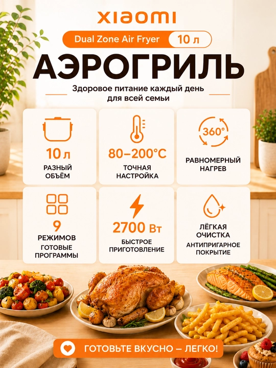 Аэрогриль Xiaomi Air Fryer 4.5-6.5L, фритюрница с готовыми рецептами, Global