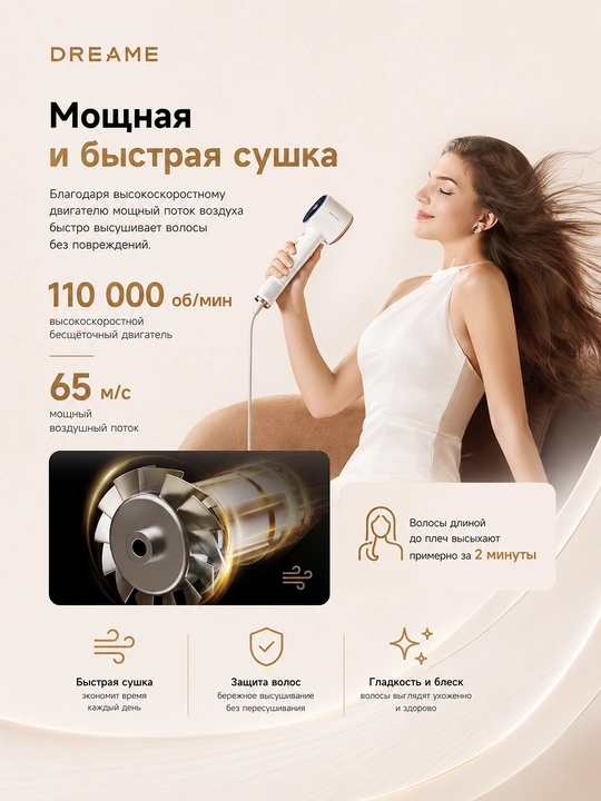 Dreame Grand feni, 110 000 ayl/daqiqa, 1600 Vt, LCD ekran, 1 mlrd ion, 7 xil ish rejimi