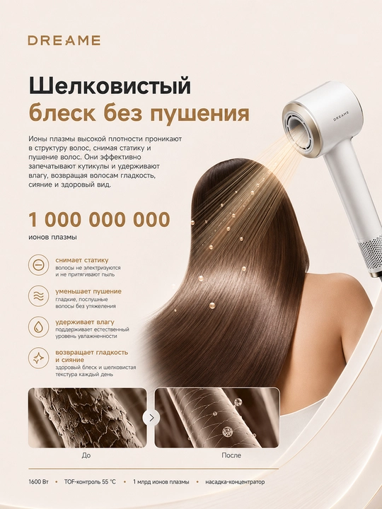 Dreame Grand feni, 110 000 ayl/daqiqa, 1600 Vt, LCD ekran, 1 mlrd ion, 7 xil ish rejimi