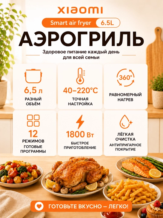 Аэрогриль Xiaomi Air Fryer 4.5-6.5L, фритюрница с готовыми рецептами, Global