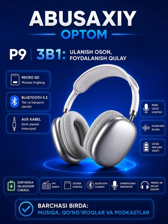 Беспроводные Bluetooth-наушники P9, с микрофоном, регулируемый размер Abusaxiy - 