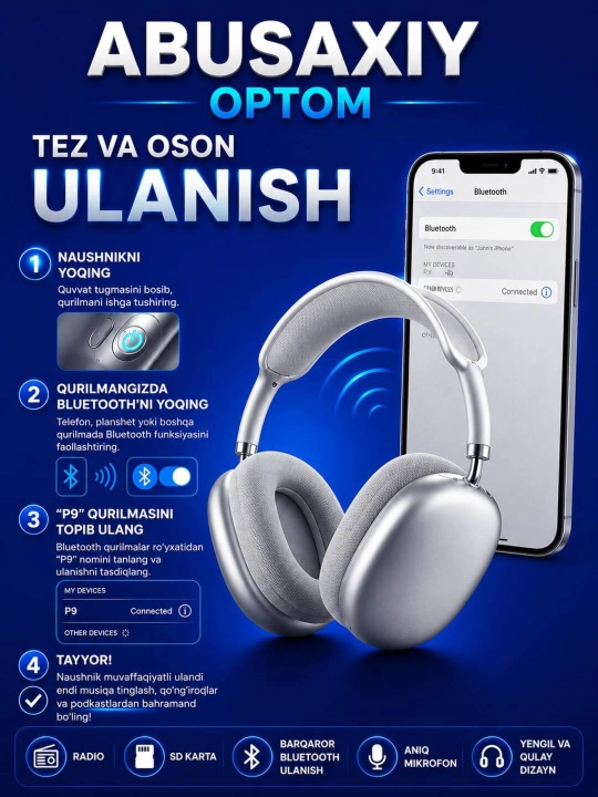Беспроводные Bluetooth-наушники P9, с микрофоном, регулируемый размер Abusaxiy