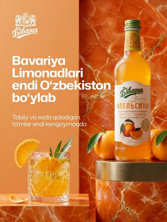 Kuchli gazlangan alkogolsiz ichimlik, Apelsin ta’mli Bavariya, Premium 0,5 litr