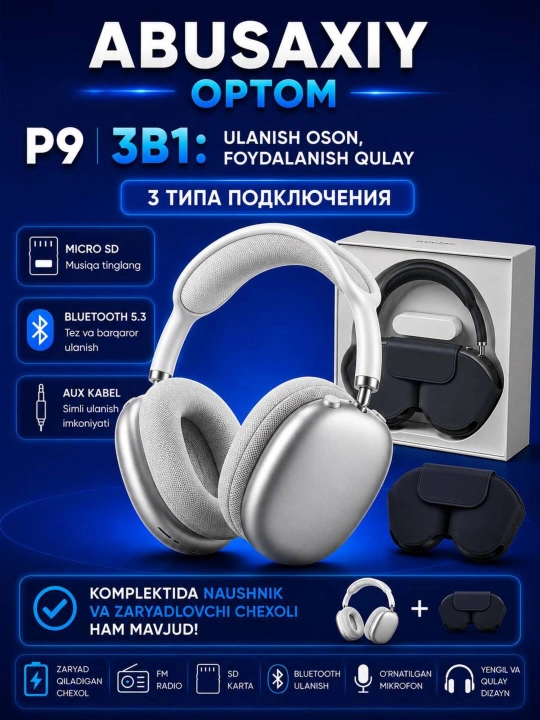 Беспроводные Bluetooth-наушники P9, с микрофоном, регулируемый размер Abusaxiy - 
