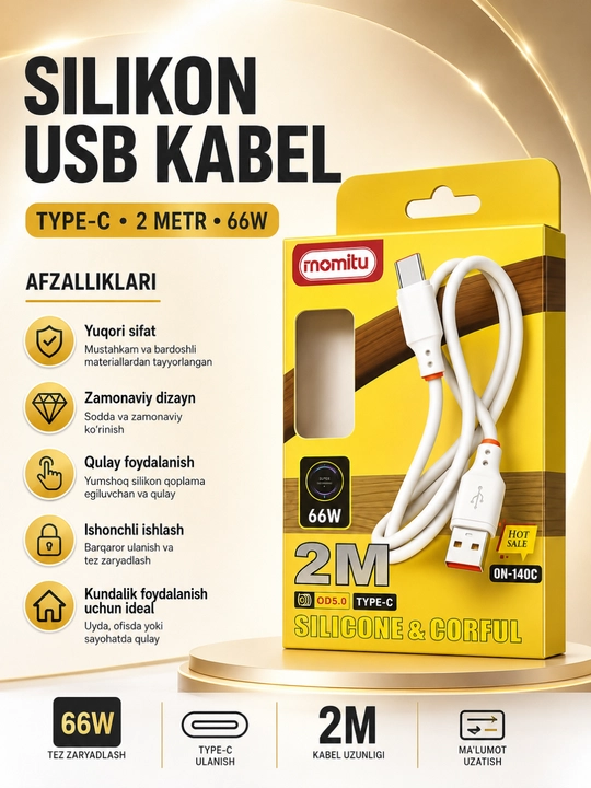 Кабель USB Type-C 66W Силиконовый 2 Метра для Быстрой Зарядки и Передачи Данных - 