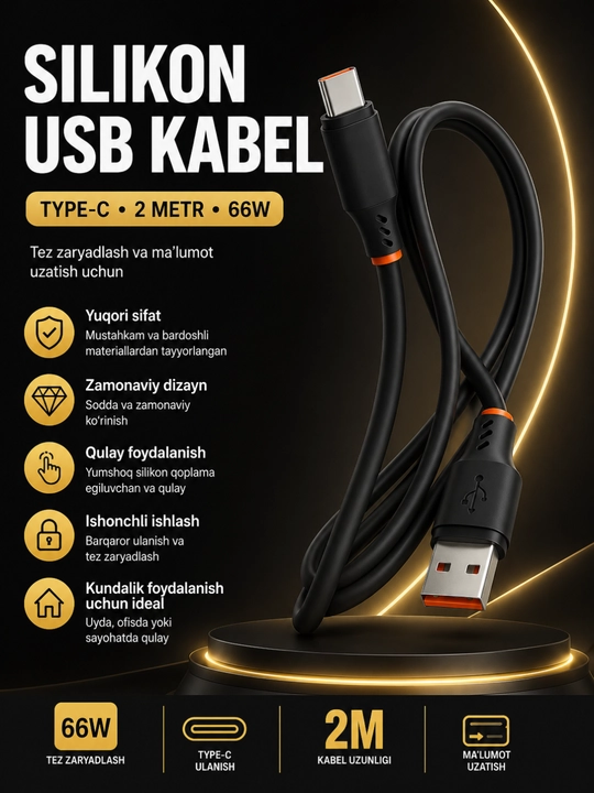 2 metrlik USB Type-C 66W silikon kabeli — tez quvvatlanadi va barqaror ma’lumot uzatadi - 