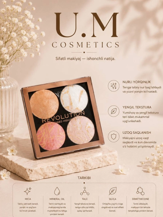 Палетка хайлайтеров U.M Cosmetics Revolution Shimmer Highlighter Palette - 