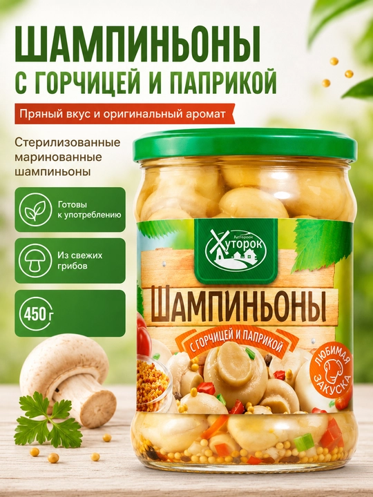“Babushkin Xutorok” xantalli va paprikali marinadlangan shampinyonlar, 450 g - 