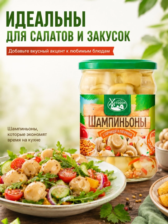 “Babushkin Xutorok” xantalli va paprikali marinadlangan shampinyonlar, 450 g