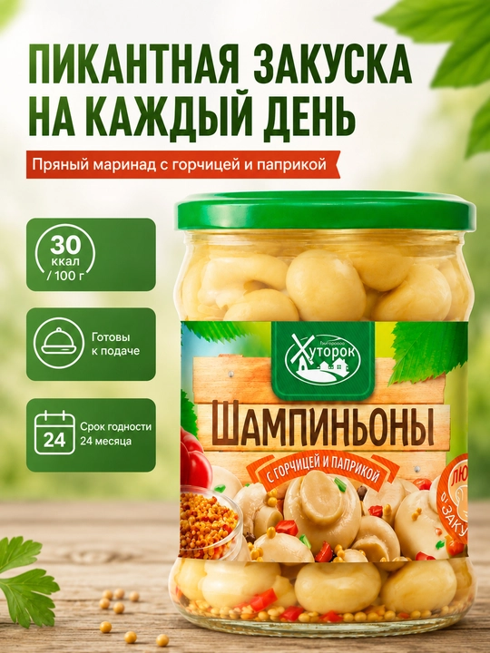 “Babushkin Xutorok” xantalli va paprikali marinadlangan shampinyonlar, 450 g
