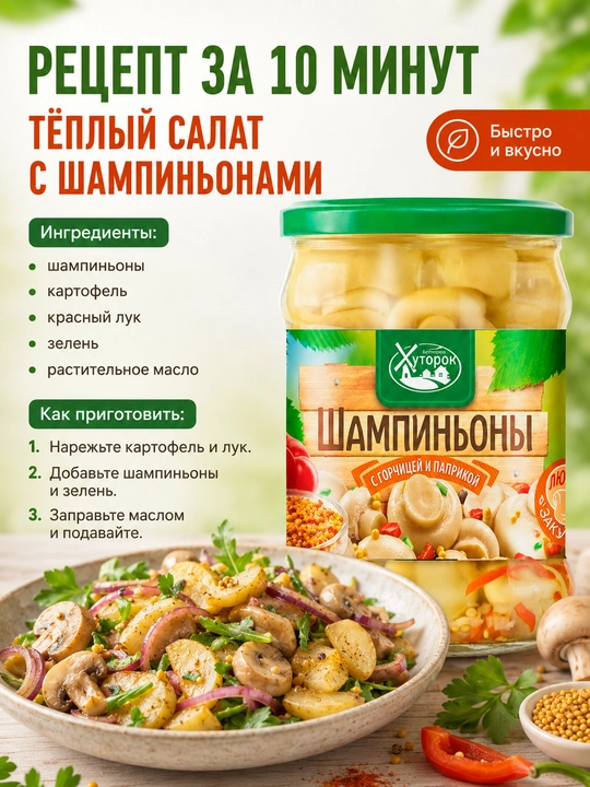 “Babushkin Xutorok” xantalli va paprikali marinadlangan shampinyonlar, 450 g