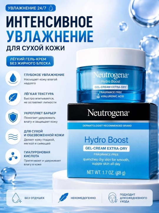 Neutrogena Hydro Boost quruq teri uchun gialuron kislotali yuz uchun gel-kremi, 48 g
