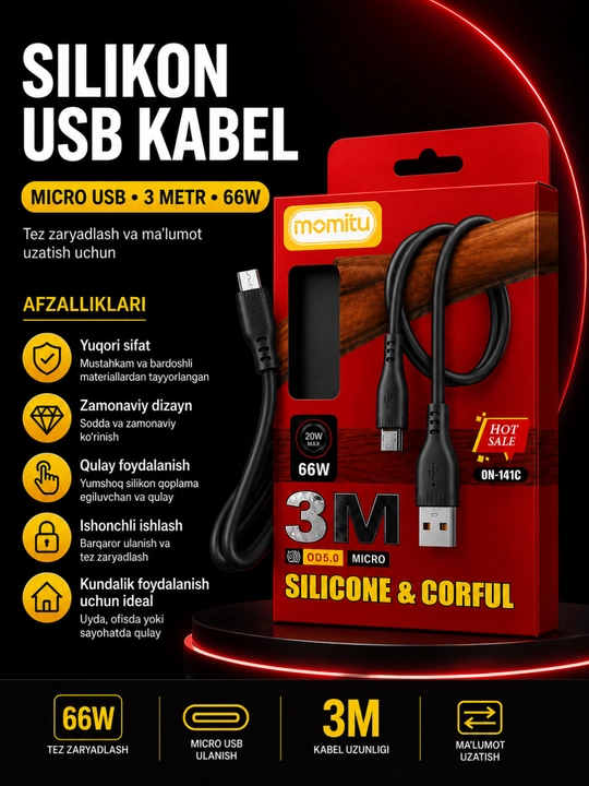 Inomitu Micro USB kabel 66W 3 metr - tez quvvatlash va ma’lumot uzatish uchun silikon kabel - 