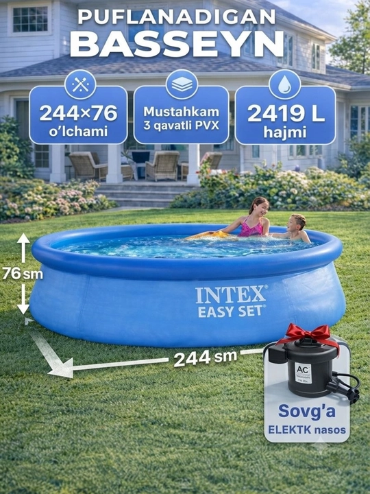 Puflanadigan basseyn Intex Easy set 244x76 o'lchamli, 2419 litr hajmli, puflanadigan hovuz - 