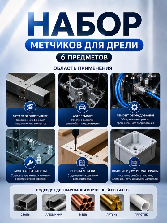 Набор метчиков для дрели HSS TiN M3–M10, 6 шт., HEX 1/4", титановое покрытие