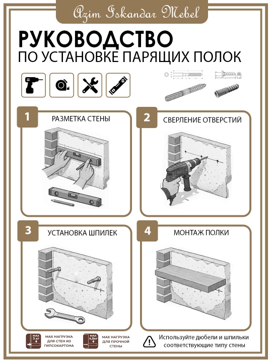 Настенные "парящие" полки прямые из МДФ со скрытым креплением