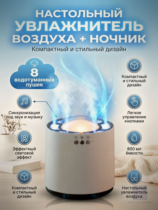 Ультразвуковой увлажнитель воздуха настольный с ночником и функцией светомузыки - 