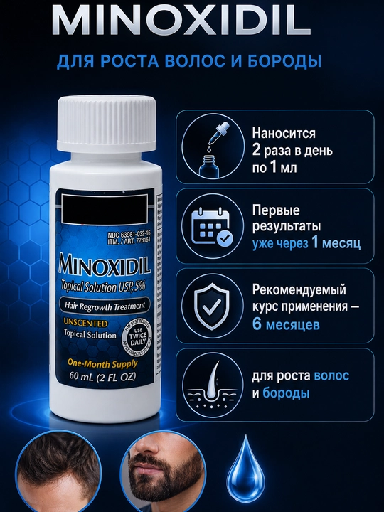 Soch va soqol o'stirish uchun minoksidil 5%, 60 ml, mezaroller, pipetka 
