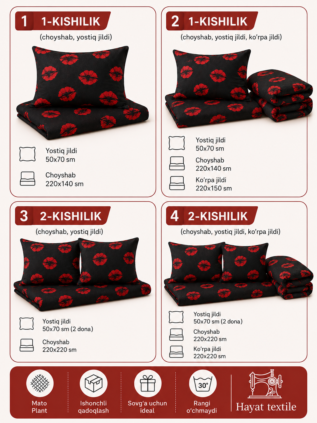 Bir va ikki kishilik choyshablar