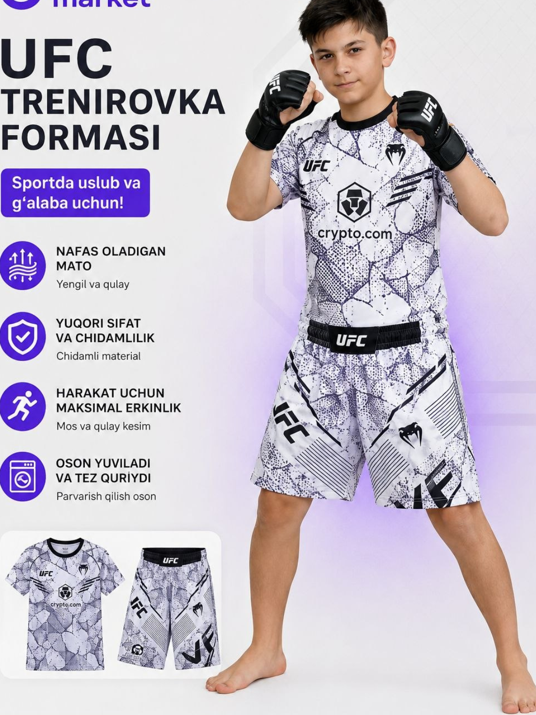 UFC, MMA uchun forma RASHGARD, mashg'ulot uchun sport kiyimi, futbolka va shortik - 