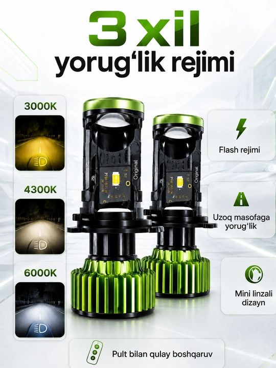 Yorug‘likli mini linzalar Zimmer Y7R H4 pult va qo‘lqop bilan, 3 xil nurli faralari uchun