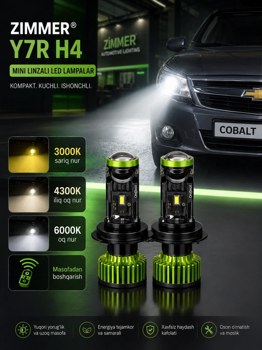 Yorug‘likli mini linzalar Zimmer Y7R H4 pult va qo‘lqop bilan, 3 xil nurli faralari uchun