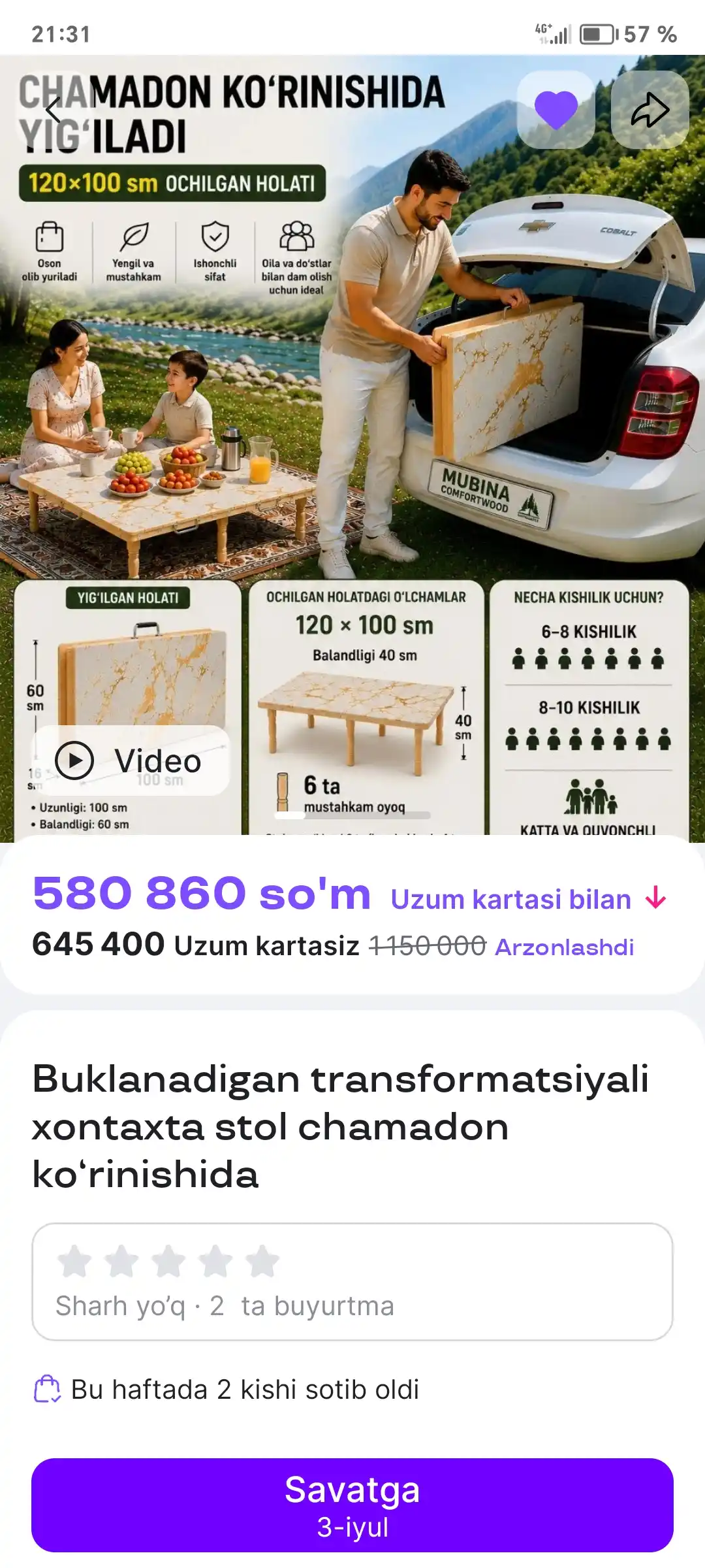 Buklanadigan transformatsiyali xontaxta stol chamadon ko‘rinishida