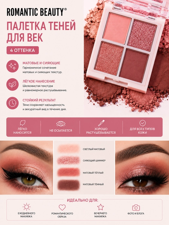 Палитра теней для век, 4 цвета 