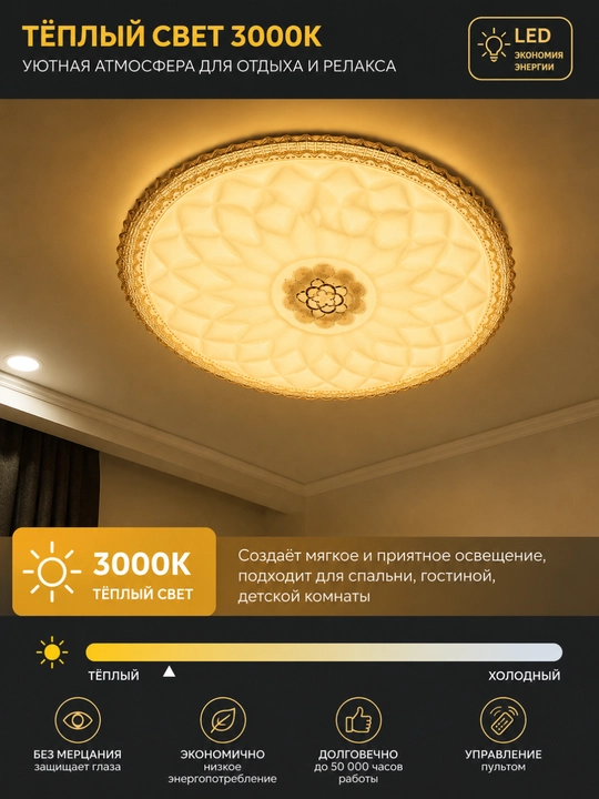 Plafon Hi-Tech LED, qandil, lustra, chiroq, lampo, minimalism uslubida, 3 xil rejim yonish
