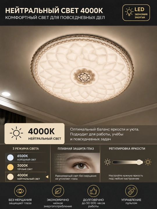 Plafon Hi-Tech LED, qandil, lustra, chiroq, lampo, minimalism uslubida, 3 xil rejim yonish