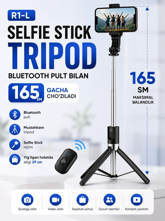 R1-L Bluetooth selfi tayoqchasi simsiz telefon pultli shtativ 69 sm - 