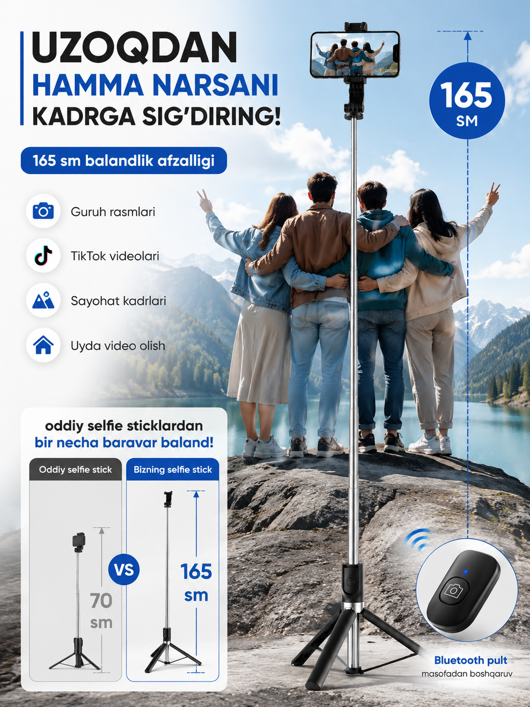 R1-L Bluetooth selfi tayoqchasi simsiz telefon pultli shtativ 69 sm