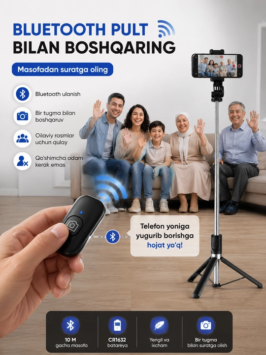 R1-L Bluetooth selfi tayoqchasi simsiz telefon pultli shtativ 69 sm