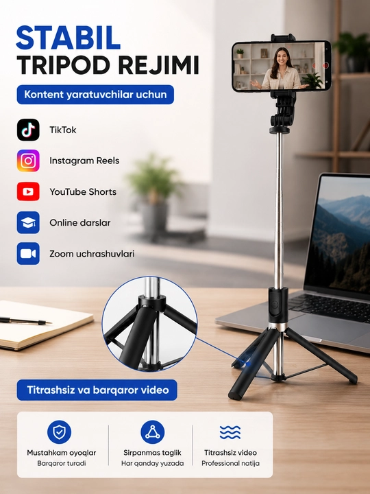 R1-L Bluetooth selfi tayoqchasi simsiz telefon pultli shtativ 69 sm