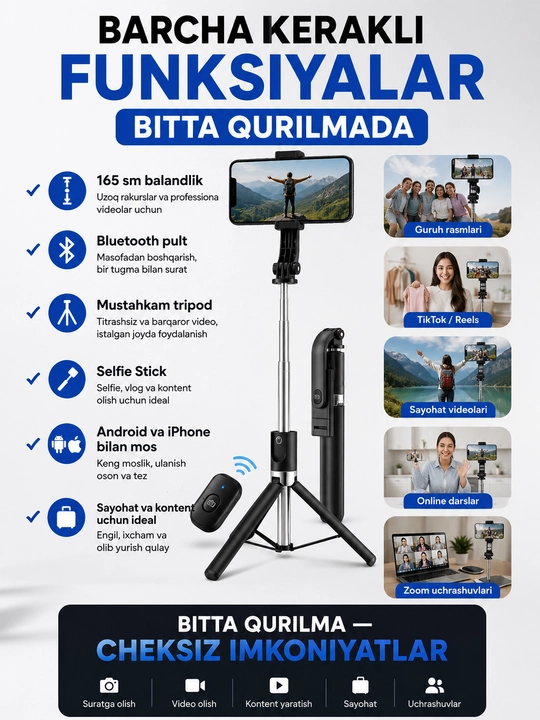 R1-L Bluetooth selfi tayoqchasi simsiz telefon pultli shtativ 69 sm