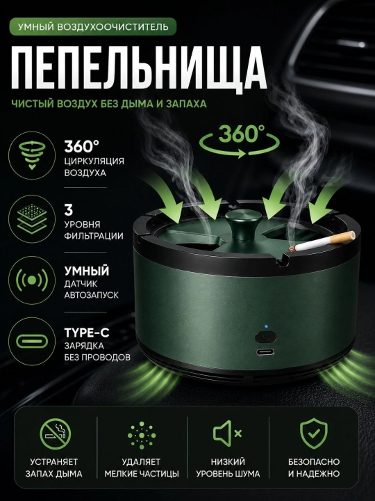 Умная пепельница с очисткой воздуха, 360°, Type-C, для автомобиля, дома и офиса