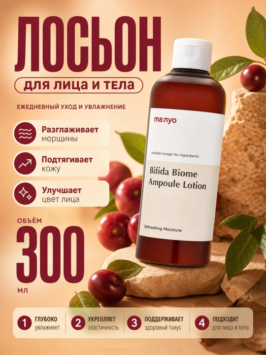 Питательный лосьон для лица с бифидобактериями, Manyo, Bifida Biome Ampoule Lotion, 300 мл