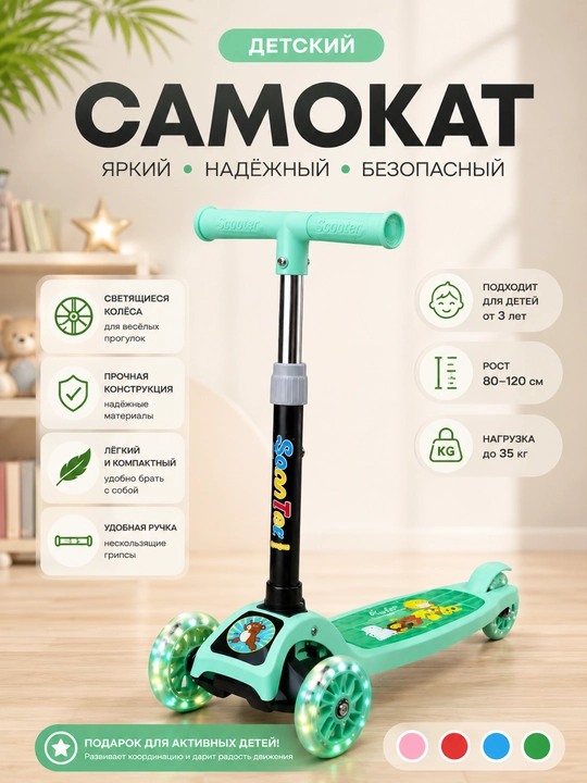 Samokat,Bolalar uchun uch g‘ildirakli samokat, chiroqli g‘ildiraklar, 3 yoshgacha, 35 kg - 