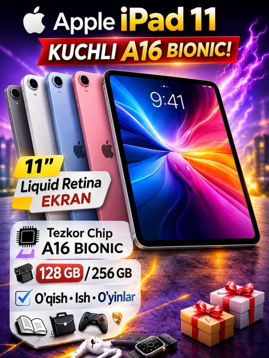Apple iPad11 A16, g‘ilof va klaviatura, 11 dyuym, 12 MP 4K, 128/256 GB, 1 yillik kafolat