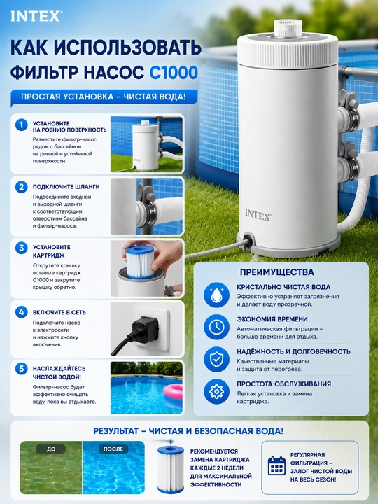 Фильтр-насос INTEX для бассейна, картриджный фильтр, 2006 л/ч, до 8500 литров