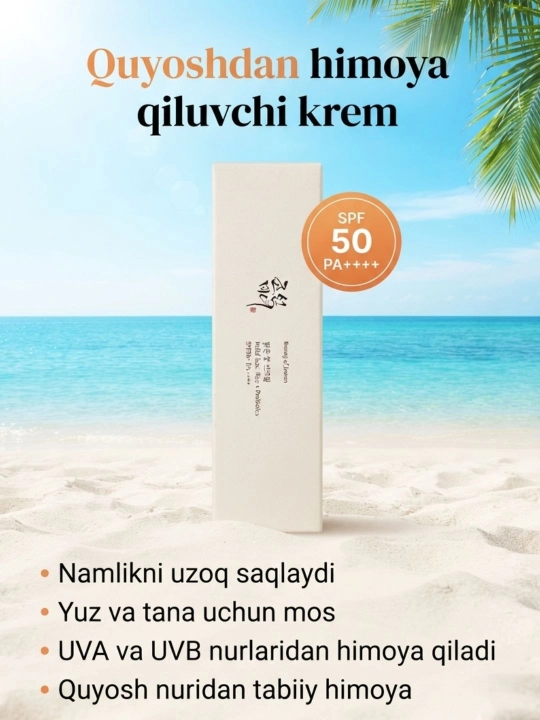 Quyoshdan himoyalovchi krem, quyoshdan qorayish uchun krem, SPF 50+, PA++++