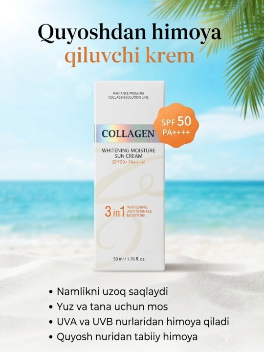 Quyoshdan himoyalovchi dengiz kollagenli SPF krem SPF50/PA++++, 50 ml